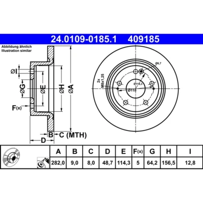 Abbildung von ATE 24.0109 0185.1 Bremsscheibe 282,0 9,0 5 114,3 voll beschichtet HONDA: HR V II