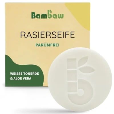 Abbildung von Bambaw Rasierseife 80g mit weißer Tonerde &amp; Aloe vera für trockene Haut Vegane Seife ohne Parfum