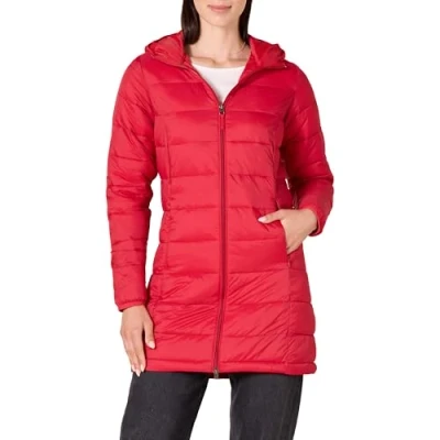 Abbildung von Amazon Essentials Damen Leichter, wasserabweisender Puffermantel mit Kapuze (erhältlich in Übergröße), Rot, XXL