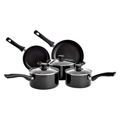Abbildung von Amazon Basics 5 teiliges Kochgeschirr Set mit Antihaftbeshichtung induktionsgeeignet, Deckeln, Schwarz