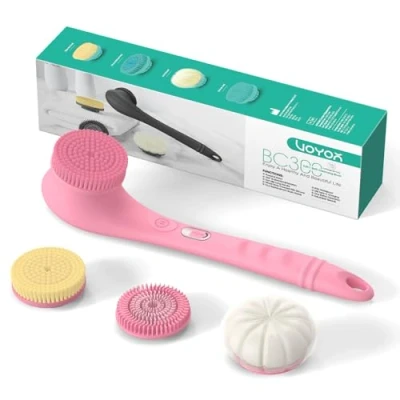 Abbildung von VOYOR Rückenbürste Körperbürste Elektrisch DuschbürsteNatürliche Mähne Trockenbürste Duschschwam mit Langem Griff für Exfoliating IPX6 Wasserdichte USB Aufladbar Silikon BC300(Rosa)