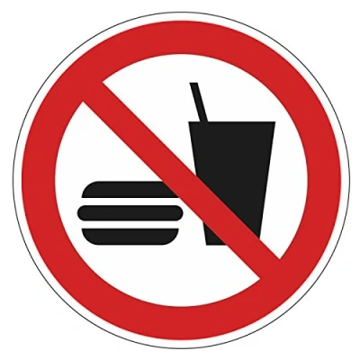 Abbildung von Verbotsaufkleber &quot;P022: Essen und Trinken verboten&quot;, Ø 9cm, Art. Nr. hin_139, DIN EN ISO 7010, Hinweis, Achtung, Warnhinweis, Ess Trinkverbot, Speisen Getränke verboten