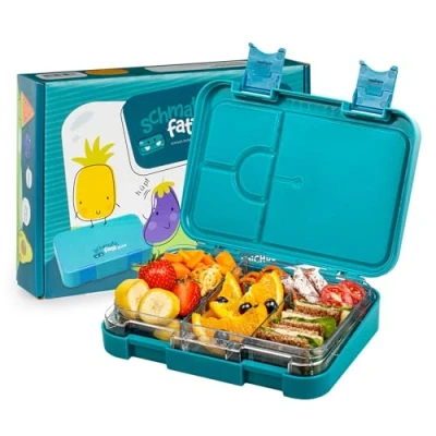 Abbildung von schmatzfatz Junior Brotdose Kinder mit Fächern, BPA Frei Lunchbox, Bento Box Kinder, Brotbox für Mädchen &amp; Jungen, Snackbox, Perfekt Schule, Kindergarten Ausflüge (Petrol)