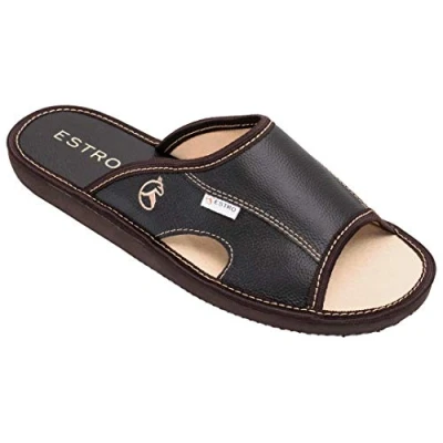 Abbildung von ESTRO Hausschuhe Herren Leder Herrenhausschuhe Hausschuh Männer Pantoffel Pantoffeln Pantoletten Slipper Mann Verano (42 EU, Kakao)