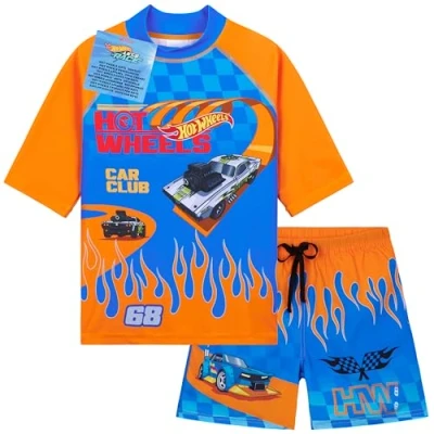 Abbildung von Get Trend Hot Wheels Schwimmanzug Kinder Badeanzug mit Badehose Jungen und Schwimmshirt Strand Urlaub Schwimmen (4 5 Jahre, Blau/Orange Wheels)