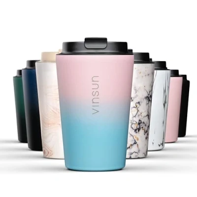 Abbildung von Vinsun Thermobecher Edelstahl 350ml Rosa, Blau Kaffee &amp; Tee Trinkbecher Deckel mit Trinköffnung verschließbar, auslaufsicher Isolierbecher to go (Auto, Reisen, Büro)