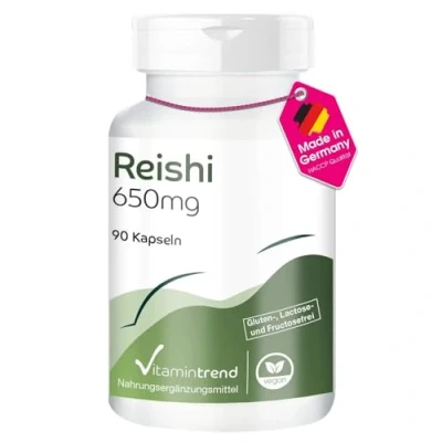 Abbildung von Reishi 650mg mit 1950mg Pulver pro Tagesdosis 90 Kapseln Ganoderma Lucidum Vitalpilz hochdosiert sichere Dosierung vegan bioverfügbare Supplements aus Deutschland Vitamintrend
