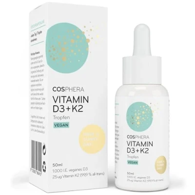 Abbildung von Vitamin D3 K2 Tropfen hochdosiert &amp; vegan 1.000 IE + 25µg MK7 (99,9% all trans) MCT Öl Sonnenvitamin D (Cholecalciferol) für Knochen und Immunsystem 50 ml flüssig ohne Zusätze