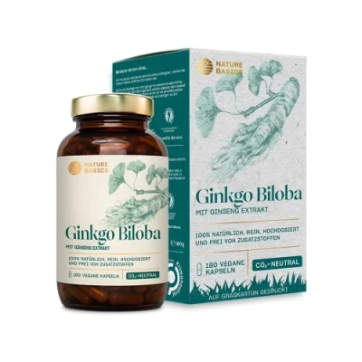Abbildung von Natürliches Ginkgo Biloba 180 Kapseln hochdosiert / 115 mg &amp; 40 Ginseng Extrakt pro Tagesdosis/Vegan, Zertifiziert Nachhaltig im Glas