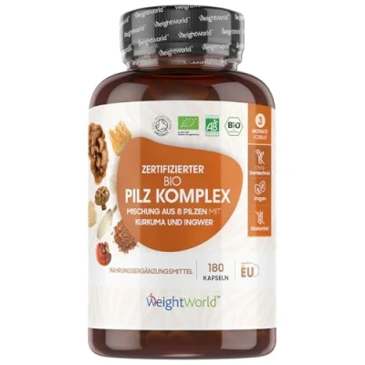 Abbildung von BIO Pilz Komplex mit 8 Pilzsorten 180 Kapseln 1000mg Löwenmähne Pilz, Reishi, Chaga, Shitake, Maitake, Cordyceps &amp; Austernpilze Laborgeprüft Vegan Organic Mushroom Complex WeightWorld