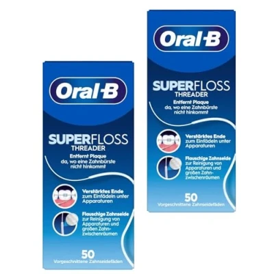 Abbildung von Oral B Superfloss Zahnseide 2er Pack Ideal für Zahnspangen, Brücken &amp; Implantate Vorgefertigte Fäden einfache Anwendung schwer erreichbare Stellen