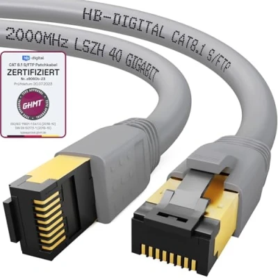 Abbildung von HB DIGITAL 1m CAT 8.1 Netzwerkkabel S/FTP LSZH, 40 Gbit/s LAN Patchkabel mit RJ45 Stecker Ethernet Data Cable 40.000 Mbit/s+GHMT Zertifikat Grau