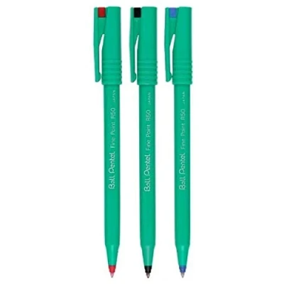 Abbildung von Pentel colour Pack R50 Rollerball Pens Fine Padded Nib 0.8mm Tip 0.4mm Line Width 77% Recycled (1 of each Black Blue Red 3 Pens)