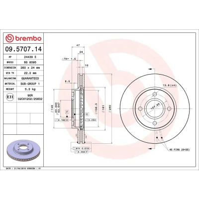 Abbildung von BREMBO 09.5707.14 Bremsscheibe 260 24 4 innenbelüftet FORD: MONDEO 2, Scorpio Mk1 Saloon, 2 Kombi