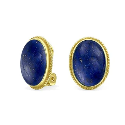Abbildung von 7Ct Oval Cabochon Blau Lapis Azul Seil Kabel Lünette 14K Gold Plattiert .925 Sterling Silber Clip Auf Ohrringe Für Frauen Ist Nur Legierung