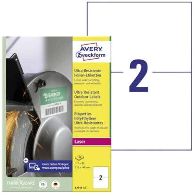 Abbildung von AVERY Zweckform L7916 40 Strapazierfähige Folienetiketten (80 Aufkleber, 210x148mm auf A4, extrem stark selbstklebend, für schwierige Oberflächen, bedruckbare Outdoor Klebefolie) Blatt, weiß