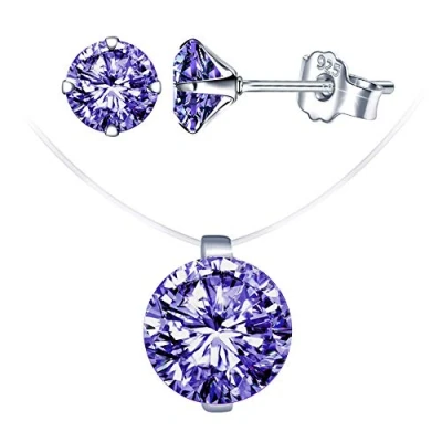 Abbildung von Yumilok Kette Damen Halskette Ohrringe Ohrstecker Schmuck Set mit Lila Zirkonia aus 929 Sterling Silber für Frauen