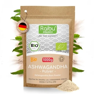 Abbildung von Raibu Ashwagandha Pulver Bio 1kg Wurzel Indischer Ginseng (reines Ashwagandha) in bester Qualität ohne Zusätze aus deutscher Produktion, Withania Somnifera