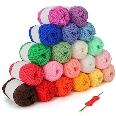 Abbildung von Kurtzy 20er Pack Bunte Wolle zum Häkeln Häkelnadel 3 mm im Lieferumfang Enthalten Jedes Häkelgarn Baumwolle Garnknäuel Wiegt 25 g Insgesamt 50 m Farbige, Weiche