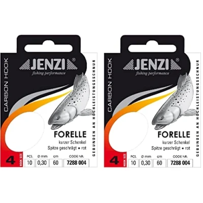 Abbildung von Spar Set: 2 Packungen JENZI gebundene Forellenhaken (20 Stück) r Mono, 60cm Hakengröße 4, 6, 8, 10 &amp; 12 je nach Auswahl + gratis Petri Heill! Aufkleber (Hakengröße 4)