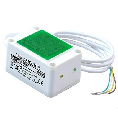 Abbildung von Kemo M152K kapazitiver Regensensor. Relais Aktivierung auch bei destilliertem Wasser. Einstellbare Empfindlichkeit, mit 2 LED Anzeigen