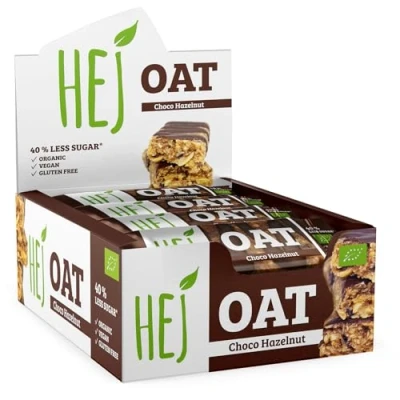 Abbildung von HEJ Oat Choco Hazelnut veganer, schokoladiger Müsliriegel mit Nussmus &amp; gesüßt Reissirup, Dattelpaste Haferriegel Snack 40% weniger Zucker, glutenfrei, bio 12 Hafer x 45 g