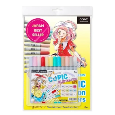 Abbildung von COPIC Ciao Set &quot;Illustration for Beginners&quot;, 12er mit 63 seitigem Guide, Twin Marker einer mittelbreiten und Brush Spitze