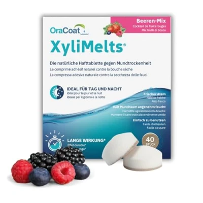 Abbildung von XyliMelts Beeren Mix 40 Stück Hafttabletten gegen nächtliche Mundtrockenheit befeuchten im Schlaf den Mund 4 8 Stunden dezenter Geschmack trockenen