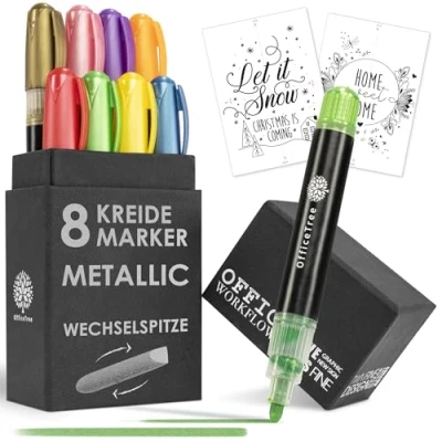 Abbildung von OfficeTree 8x Kreidemarker Metallic 1mm bis 6mm wechselbare Spitzen Kreidestifte für Tafel abwaschbar Fenster Fensterkreide Stifte Fensterstifte Kinder