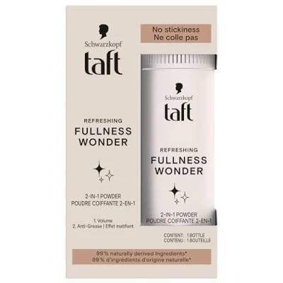 Abbildung von Schwarzkopf Taft Frisierpuder für Haare 2 in 1 Volumen lang anhaltend mattierender Effekt verklebt nicht 99% Inhaltsstoffe natürlichen Ursprungs 10 g Inhalt