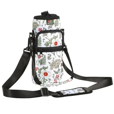 Abbildung von Nuovoware Flaschenhalter Trinkflasche Molle Beutel 25oz/710ml, Isolierte Neopren Kessel mit Schultergurt und Front Reißverschluss Tasche für Wandern Laufen Radfahren Jagd Reisen Weißer Hibiskus