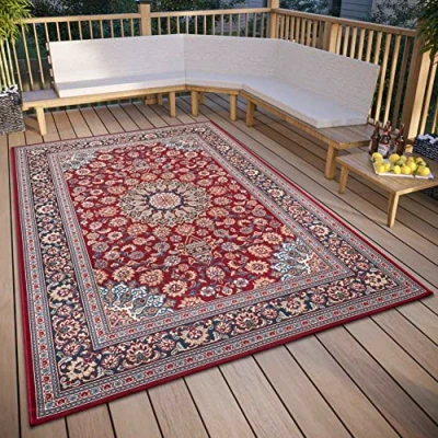 Abbildung von Hanse Home Kadi In &amp; Outdoor Teppich Orientalisch Orient Flachgewebe, Orientalisches Design Klassisch, ÖKO TEX Wetterfest UV beständig für Balkon, Terrasse, Garten Rot Blau, 80x165cm