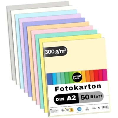 Abbildung von perfect ideaz 50 Blatt Fotokarton DIN A2, 10 Farben, stabiler recycling Karton 300 g/m², Made in Germany, Blauer Engel zertifiziert