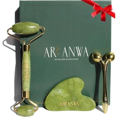 Abbildung von Premium Gua Sha und Jade Roller Set + 3D Massager für straffe Haut definierte Konturen Hautpflege Lifting, Face Yoga aus echter