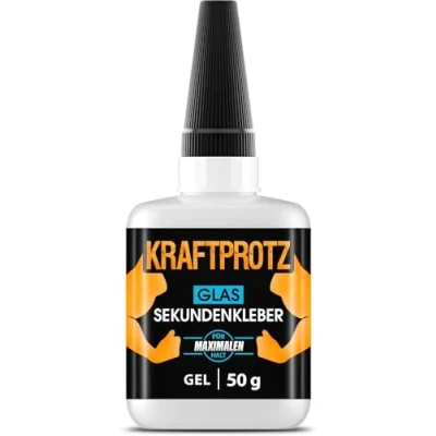 Abbildung von 50 g Sekundenkleber für Glas &amp; Spiegel extra stark Glaskleber transparent wasserfest, hitzebeständig Verschluss gegen Austrocknung zum Verkleben von Acrylglas aller Art ARKA Kraftprotz