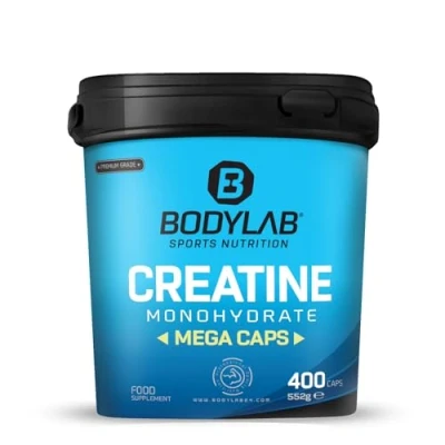 Abbildung von Bodylab24 Creatine Monohydrate Mega Caps 400 Kapseln, mit 3600mg Kreatinmonohydrat in jeder Tagesdosierung, reines Pulver, hochdosiertes Kreatin für mehr Energie und Kraft