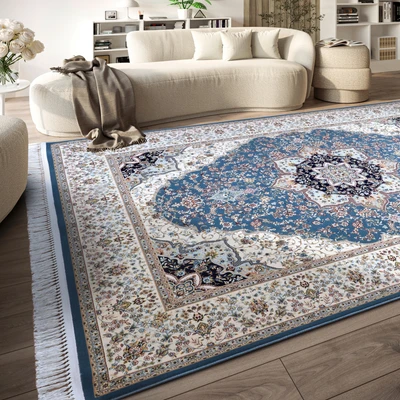 Abbildung von Villeroy &amp; Boch Kurzflor Teppich Etienne Orientalischer Wohnzimmerteppich Dicht gewebt mit Fransen Klassischer für Wohnzimmer, Schlafzimmer, Esszimmer, Flur Hellblau Creme, 128x190cm
