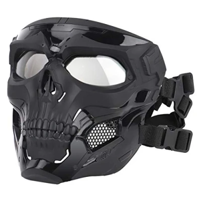 Abbildung von Softair Totenkopfmaske, verstellbar, Taktische Vollgesichtsmasken für Cs Paintball Kriegsspiel Halloween Cosplay Kostüm Party (schwarz)