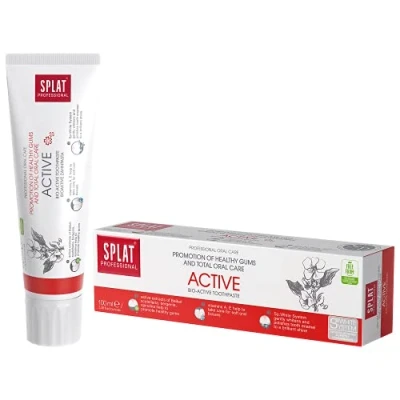 Abbildung von SPLAT PROFESSIONAL Active Zahnpasta mit Heilpflanzen die irritiertes Zahnfleisch beruhigen und den Zahnschmelz wichtigen Mineralien versorgen in einer praktischen 100ml Packung