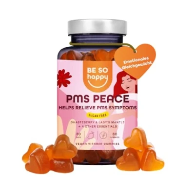 Abbildung von PMS Gummies Zuckerfrei für Frauen, Vitamine das hormonelle Gleichgewicht mit Mönchspfeffer + Safran Folsäure Vitamin B12 und B6. 60 Gummies, Mango Geschmack, BeSoHappy®