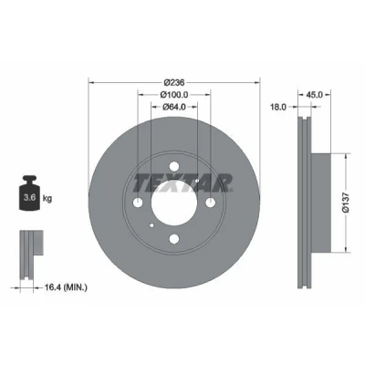 Abbildung von TEXTAR 92089400 Bremsscheibe 236 18 04/06 100 innenbelüftet ohne Radbefestigungsbolzen, Radnabe MITSUBISHI: COLT 5, Carisma Hatchback