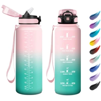 Abbildung von Sportflasche 1.5L, Trinkflasche mit Zeitmarkierung, Wasserflasche Kohlensäure Geeignet, Auslaufsicher Strohhalm, Sport für Gym, Schule, Büro, Camping, Radfahren