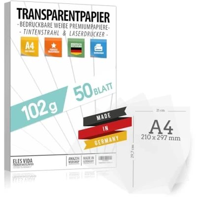 Abbildung von 50 Blatt Transparentpapier bedruckbar DIN A4 PREMIUM 102g zum selber Bedrucken, basteln Laternenpapier Abpauspapier Pauspapier, Tischkarten und Laternen aus deutschland