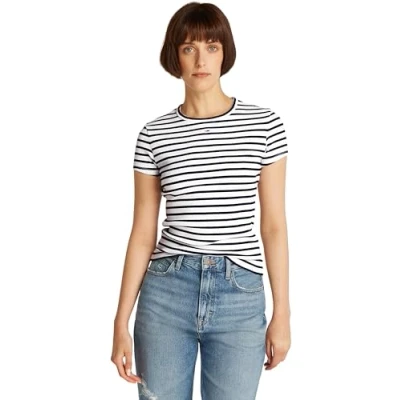 Abbildung von Tommy Jeans Damen T Shirt Kurzarm Essential Rib Slim Fit, Mehrfarbig (Dark Night Navy/Stripe), XS