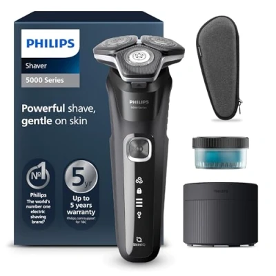 Abbildung von Philips Shaver Series 5000 Elektrischer Nass und Trockenrasierer für Herren mit ausklappbarem Trimmer, Reinigungsstation, Reinigungskartusche &amp; Reiseetui (Modell S5898/50)