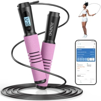 Abbildung von RENPHO Springseil, Smart Fitness Skipping Rope mit APP Daten Analyse, Workout Jump Rope, Speed für Fitnesstraining, Crossfit, Profi Sport, Springseil Erwachsene, Damen, Herren, Kinder, Rosa
