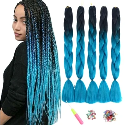 Abbildung von ShowJarlly Jumbo Braid Kunsthaar Haar, Ombre Extension, 24 Zoll Kanekalon Haar Flechten Extensions 5 Stücke Für Crochet Twist Box Zum Einflechten Zöpfe Schwarz/Marineblau#