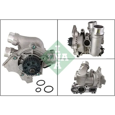 Abbildung von INA 538 0967 10 Wasserpumpe mit Dichtung Thermostat Metallgehäuse für Zahnriemen Nebentrieb AUDI: A4 B8 Avant, Saloon, A6 C7 Avant kfzteile,