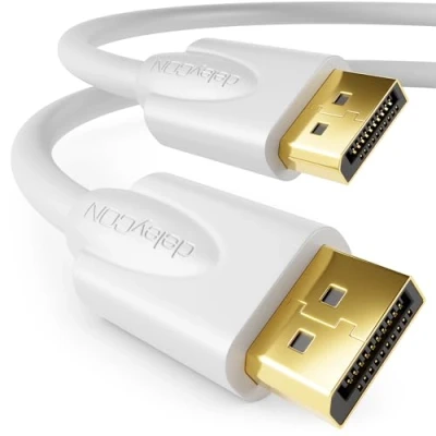 Abbildung von deleyCON 2m DisplayPort Kabel 4K 2160p 3D HDCP DP (20 Pin) Stecker auf PC Notebook Monitor Grafikkarte Weiß