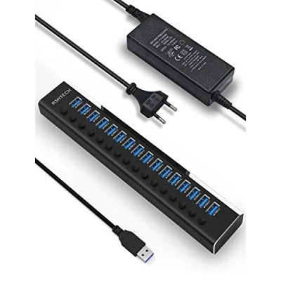 Abbildung von RSHTECH 16 Port USB Hub Aktiv 3.0 mit 100W Netzteil, Aluminium Multiport 12V/8.3A Netzteil und Schalter, für PC, Mobile HDD, Flash Laufwerk, Professionelle Business Grade, RSH A16